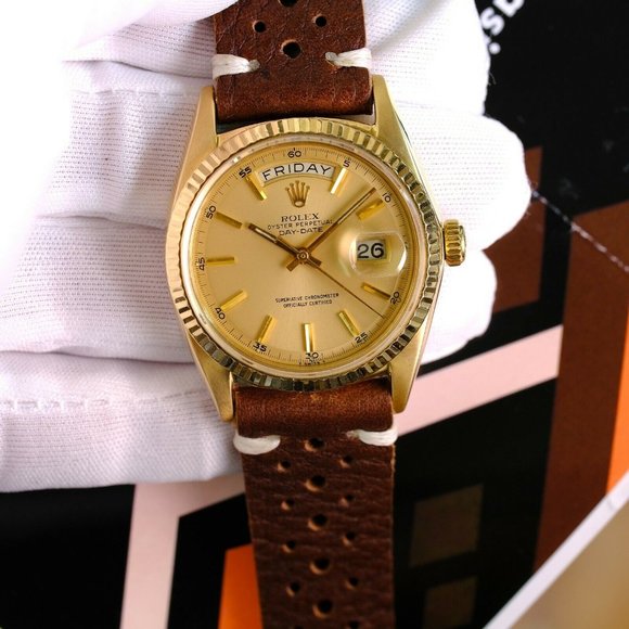 Rolex Day-date 1803 Factory Champagne Dial 18k Yellow Gold Men"s Leather Band - Picture 5 of 9
